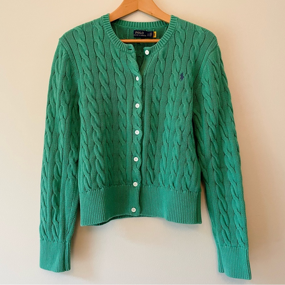 Polo Ralph Lauren cable knit cotton crewneck cardigan green size L